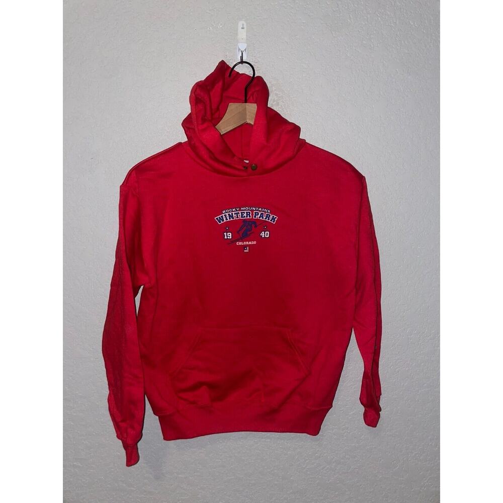 Youth Vintage Colorado Hoodie Rocky Mountains Winter Park Ski Skiing Red 90s L